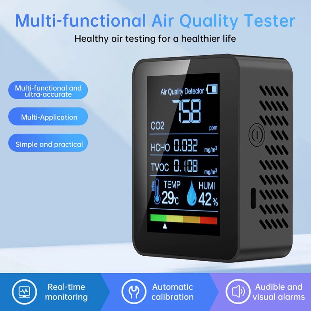 Carbon dioxide detector 5 in 1 formaldehyde/TVOC/CO2/Temperature/Umidity Air quality monitor Sound and visual alarm function