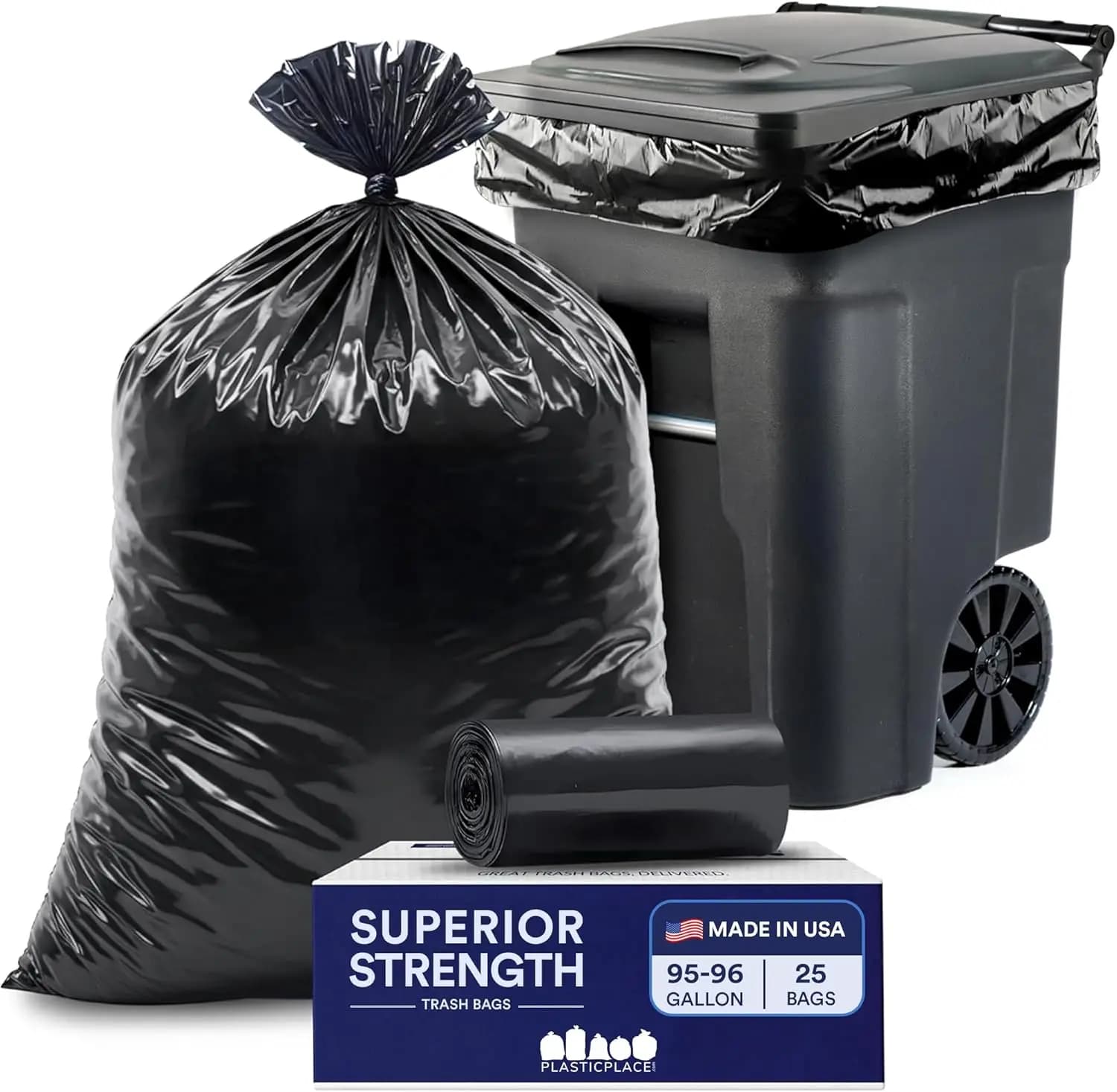 Sacchi per la Spazzatura Plasticplace da 95-96 Galloni, Resistenti, 1.5 Mil, Neri, Antistrappo, per Esterni, Compatibili con Rollawa