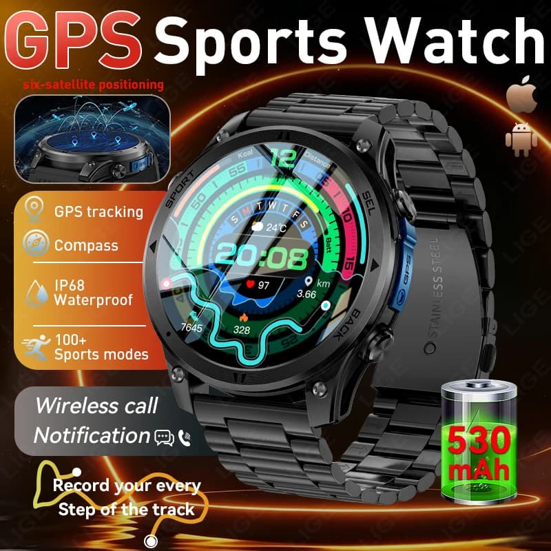 2026 New Outdoor Military Built-in GPS Compass Altimeter Smart Watch Men 1.46" AMOLED 5ATM Waterproof Clock BT Call Smartwatches