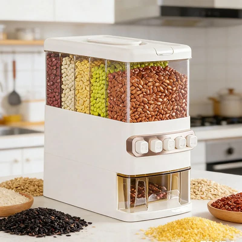 Contenitore 5 in 1 per Alimenti e Cereali 2026 Salvaspazio, Dispenser Ermetico per Riso e Spezie da Cucina, Organizer Sottile a 5 Scomparti