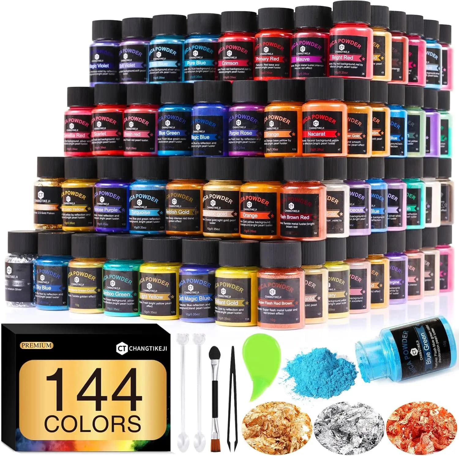 144 Colors of Mica Powder - 10g/Flacone Natural Pigment for Epoxy Resin, Umbrella, Flavour, Nail Polish, Candle