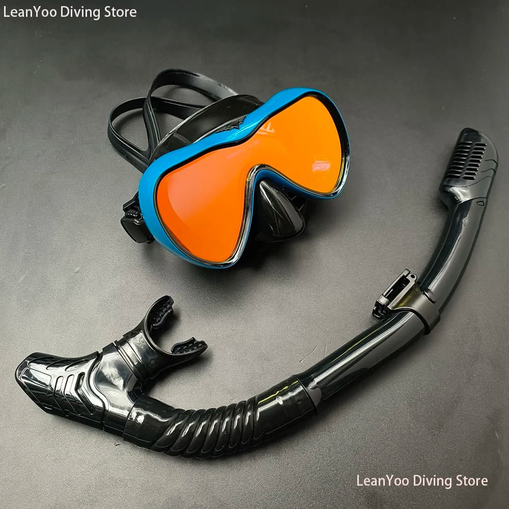 Wide View Mirrored Tempered Glass Snorkel Set Anti-Leak Silicone Diving Goggles Dry Top Snorkel Tube for Adults Swimming