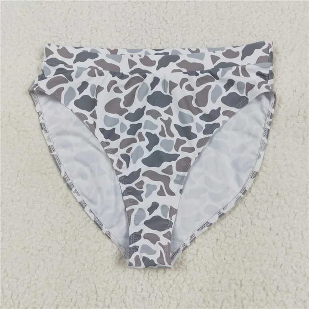 Solid color swimsuit background with light gray camouflage print for adult woman