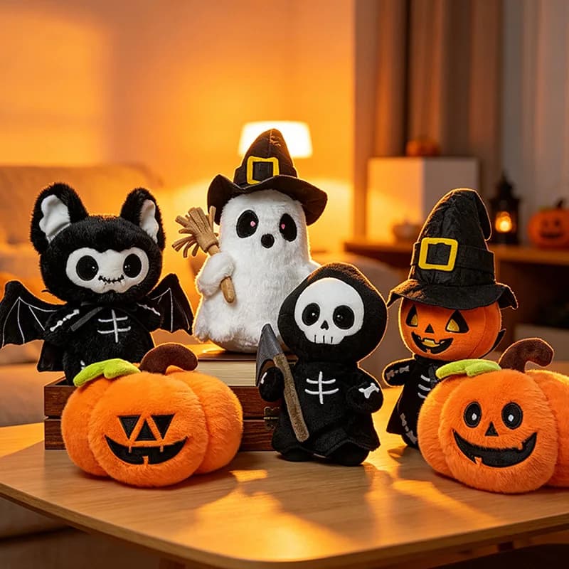 Cute Halloween Plush Toys Spooky Bat Ghost Reaper Pumpkin Stuffed Animals Soft Dolls for Kids Halloween Party Decorations and Gi