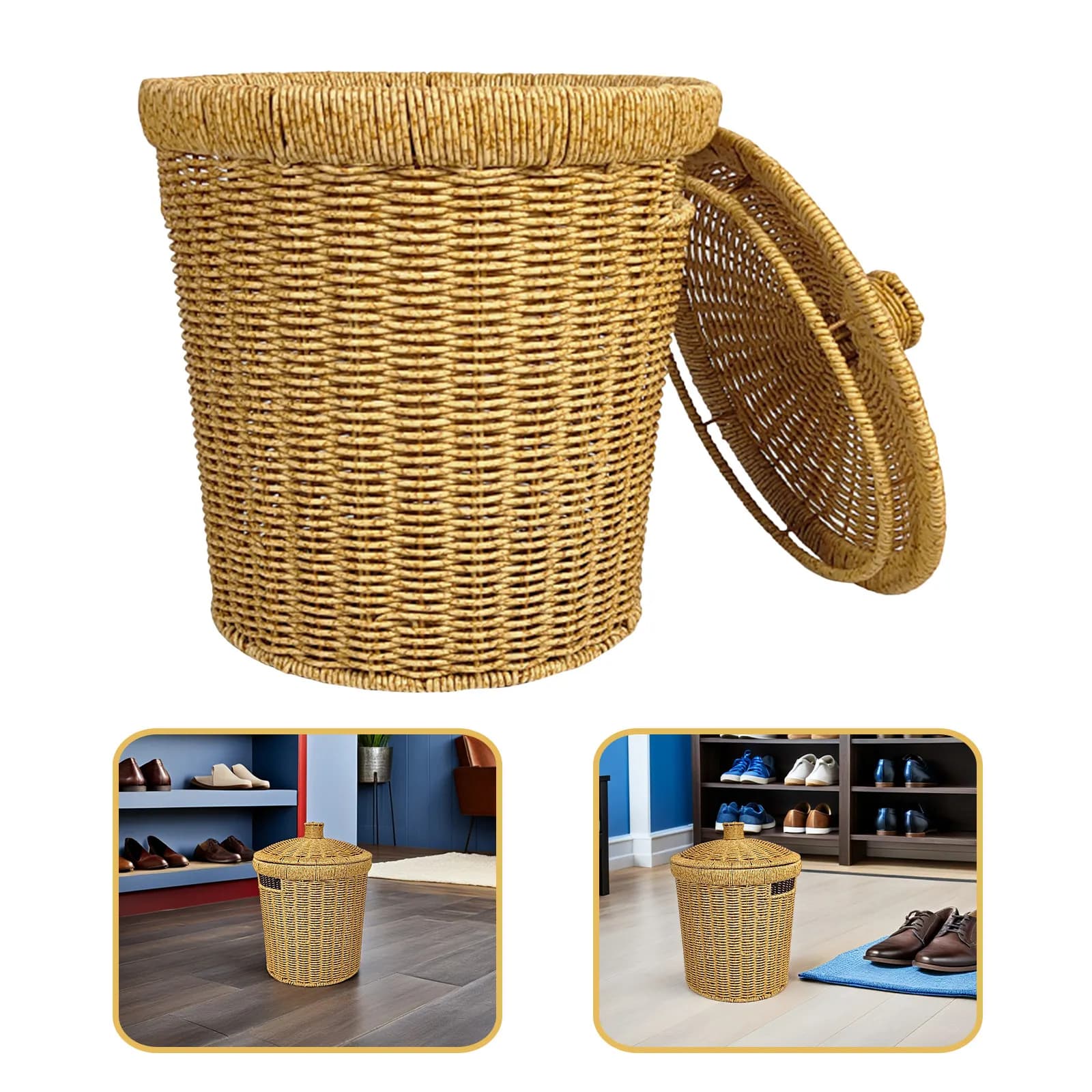 Imitation Rattan Trash Bin Round Woven Plastic Iron Frame Handwoven Decorative Wastebasket Bathroom Kitchen Bedroom Office