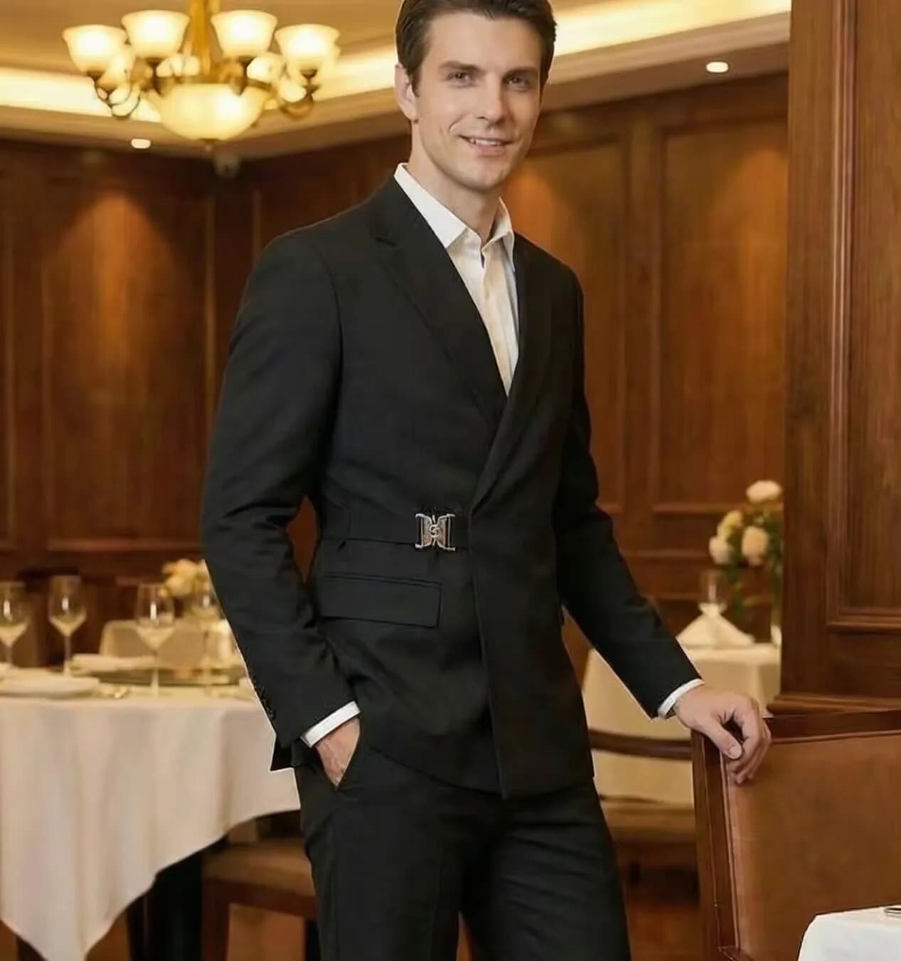 British Style Suit Jacket Male Elegant Gentleman Business Casual Professional Formal Dress Body Belt A Double Breasted
