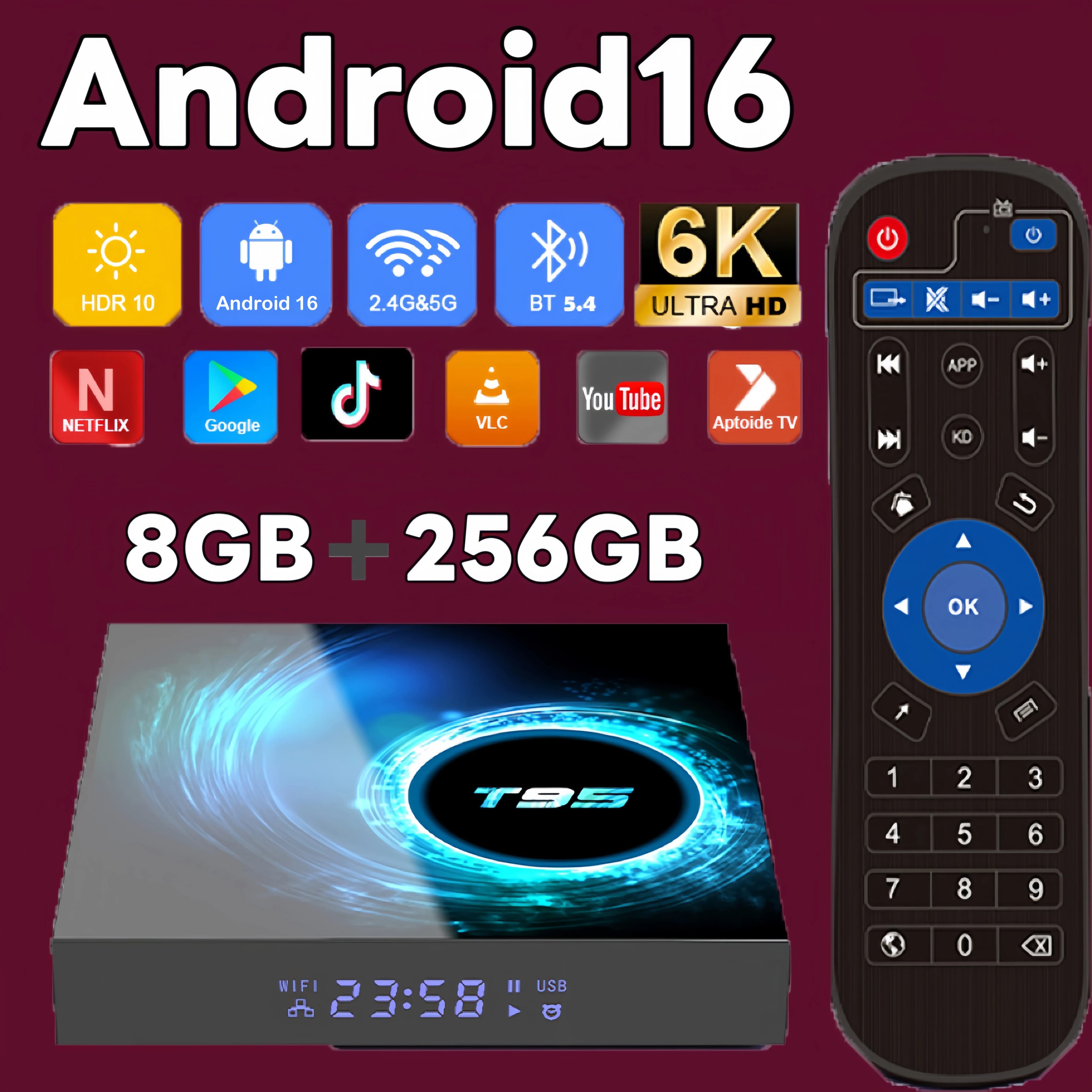 Android TV box 16 T95 Allwinner H616, Multimedia 8GB 256GB, Dual WiFi, Bluetooth 5.4, Remote Control with Google Voice Support, Set-Top Box