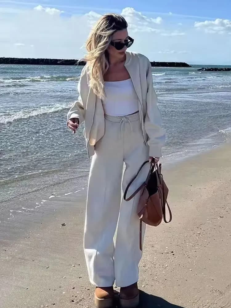 HH 2024 Set di pantaloni casual da donna maniche lunghe giacca bomber con cerniera + pantaloni larghi con coulisse a vita alta abito alla moda da strada