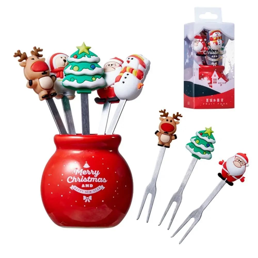 1 Set of fruit forks from Stainless Steel Dessert with Christmas tree with Support Set Mini cutlery for salad meat dishes kitchen gadget
