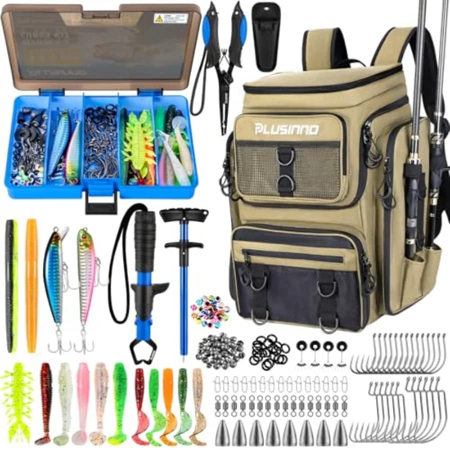Zaino da Pesca con Portacanne e Scatola Porta Attrezzi, Borsa Impermeabile da 42L per Conservare l'Attrezzatura da Pesca