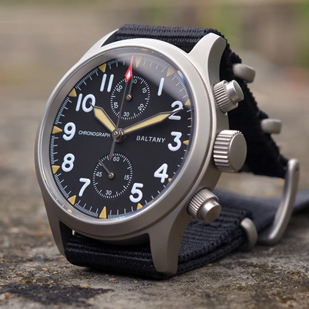 39mm Vintage Pilot Chronograph Men's Watch Quartz Baltany Military 100m Diver Chrono Watches VK61 Movt Luminous Watch