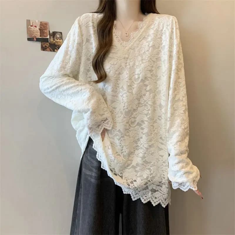 Pullover coreani larghi patchwork in pizzo con scollo a V Top autunno inverno nuove magliette dolci solide a maniche lunghe moda abbigliamento donna pigra