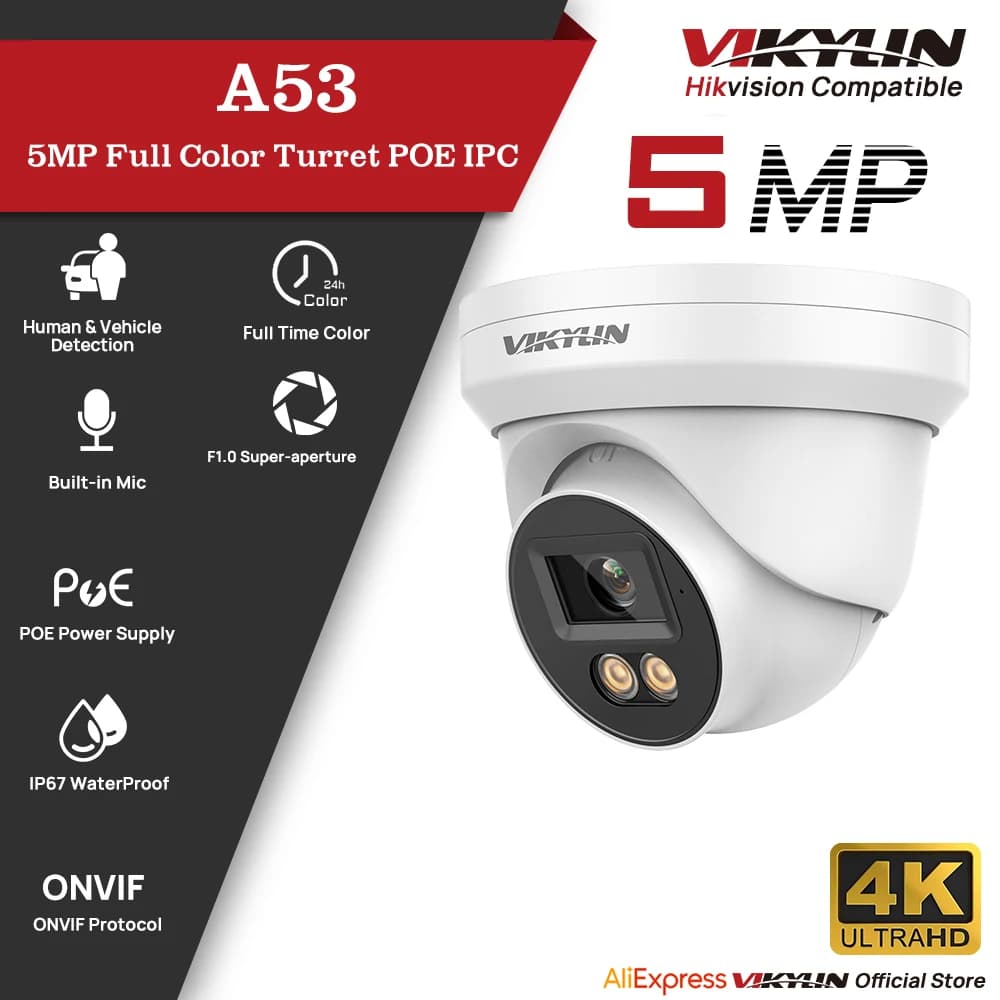Telecamera di Sicurezza IP VIKYLIN 5MP con Visione Notturna a Colori, Audio, PoE, Rilevamento Umano e Veicolare, ONVIF, Archiviazione SD, IP67, per Esterni, in Metallo
