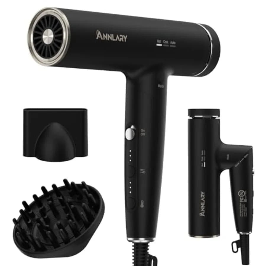 Hair dryer with Diffuser for Hair Ricci, Phon Ionico al Plasma for Control Crespo, Silent, Foldable for Travel, Cable 2 Meters