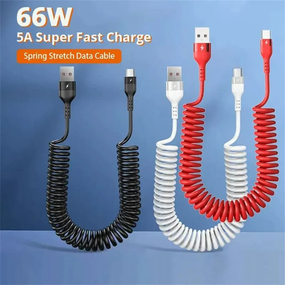 Cavo USB Type C 5A 66W a ricarica rapida, retrattile a molla, per Huawei Xiaomi Redmi, cavo dati USB C per ricarica rapida telefono.