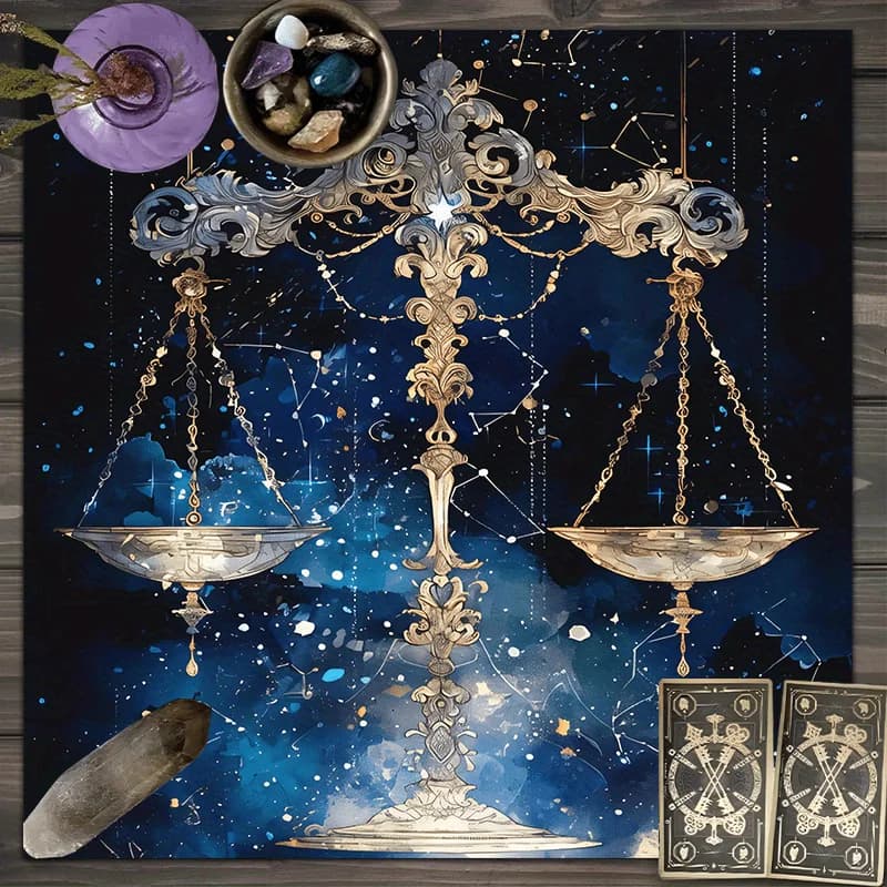 Tappeto da Tavolo Astrologico con Bilancia di Libra, Decorazione per Altare, Telo Blu Galassia per Divinazione e Lettura Carte Oracolo