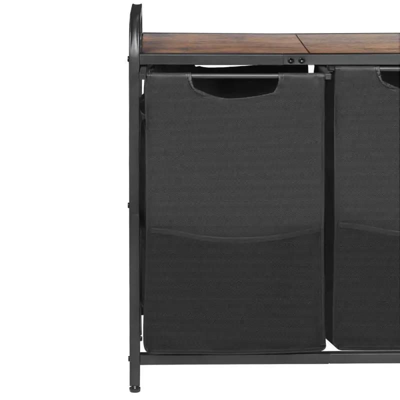 Dual Compartment Washing Bin 28" x 13" x 29" For Bedroom Laundry Room Dormitory, Wooden Top Shelf Pull-out Oxford Bags Metal Frame Freestanding Rectangular Design Large Capacity Organization Storage Unit