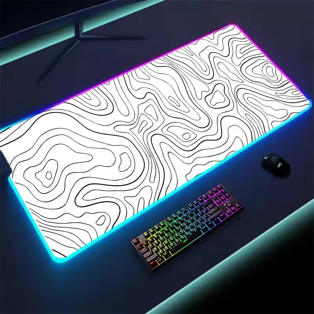 Tappetino per Scrivania LED con Linee Geometriche Bianche e Nere, Mousepad RGB per Computer, Accessori per Ufficio e Gaming
