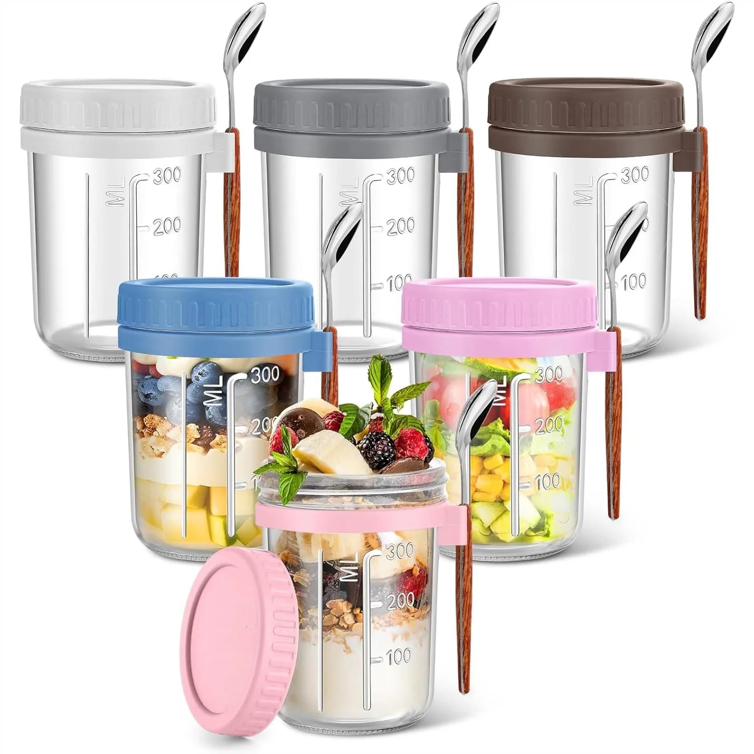 Set di 6 Barattoli in Vetro da 16 oz con Coperchi Ermetici e Cucchiai, Contenitori per Overnight Oats, Preparazione Pasti, Latte, Cereali, Frutta
