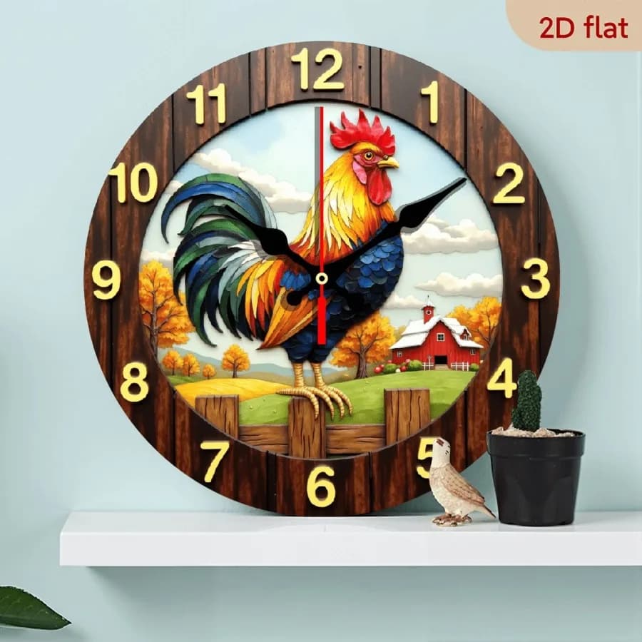 A wall-mounted clock featuring a rural rooster, it is suitable for use as a decorative item in both indoor and outdoor environm