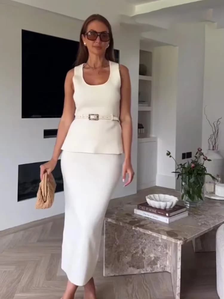 HH Women's Knitted Skirt Set Chic O-Neck Sleeveless Belt Decoration Solid Vest Top+Fashion Elastic Waist Hem Slit Midi Skirt