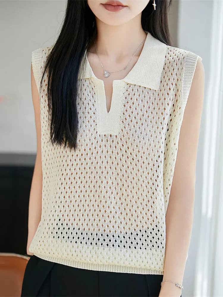 Nuova Maglietta Estiva da Donna a Maniche Corte in Maglia Traforata, Sottile, con Colletto Interno, Stile Casual Trendy, Tessuto Morbido