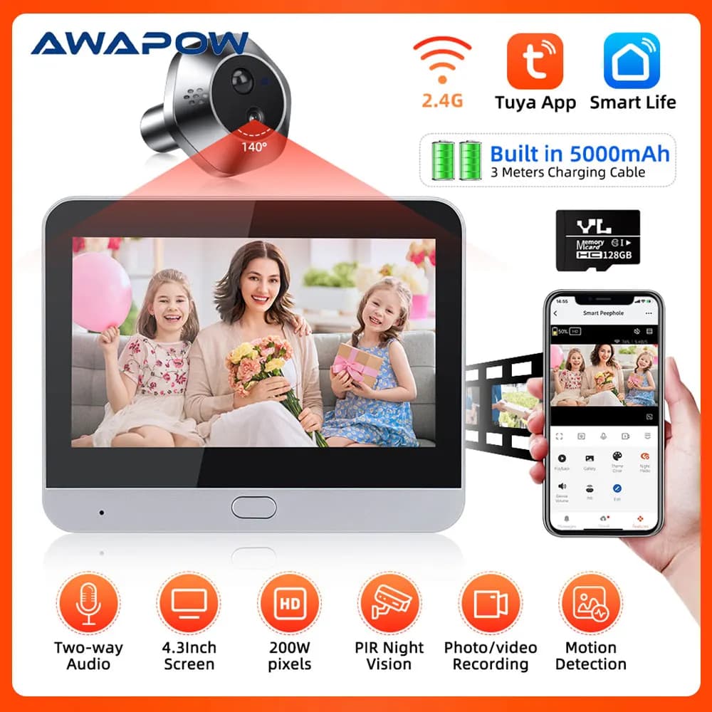 Awapow Tuya Spioncino da 4,3 pollici Campanello Smart Door Camera Audio bidirezionale Video Door Viewer Visione notturna Rilevazione del movimento