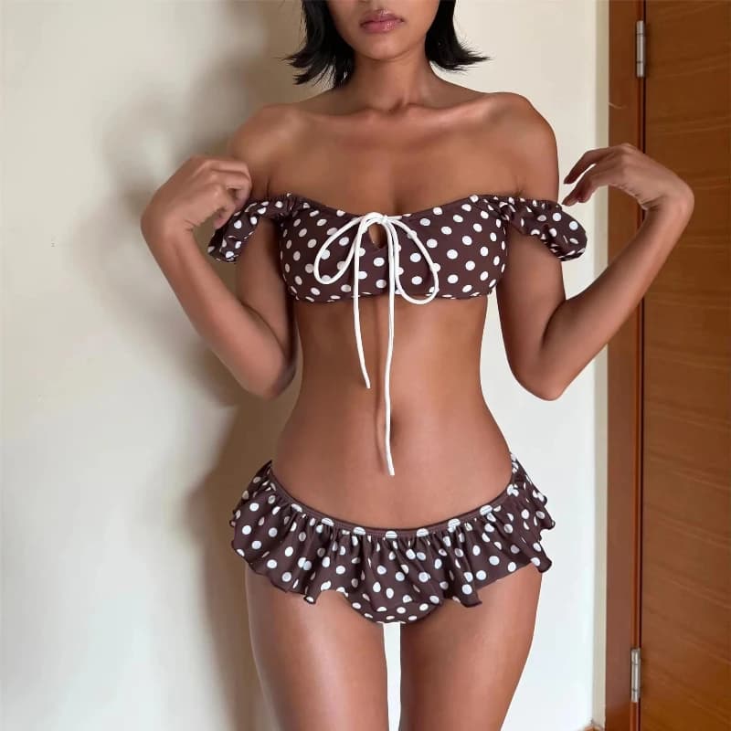 Costume da bagno Y2K vintage sexy con scollo sulla schiena, pantaloni a pois e bikini creativo con volant, stile Spice Girls, per donna