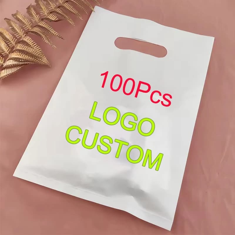 Sacchetti di plastica personalizzati con logo, borsa regalo personalizzata per piccole imprese, 100 pezzi, sacchetto riutilizzabile per imballaggio solido, 45x35 cm
