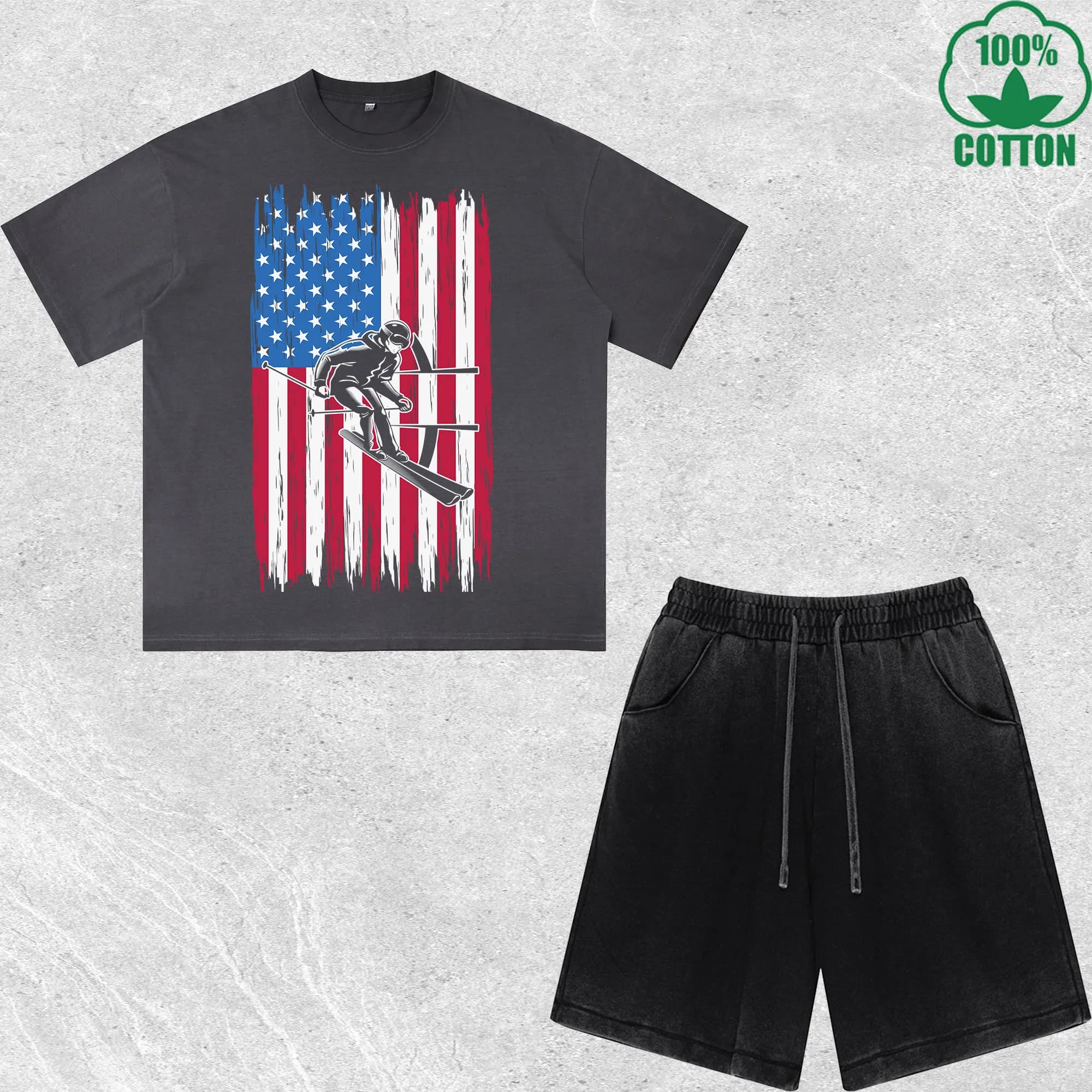 Set T-Shirt e Pantaloncini Patriottici con Stampa Sci, Effetto Usurato, Multicolore, Combinazione Trendy e Alla Moda, 100% Cotone