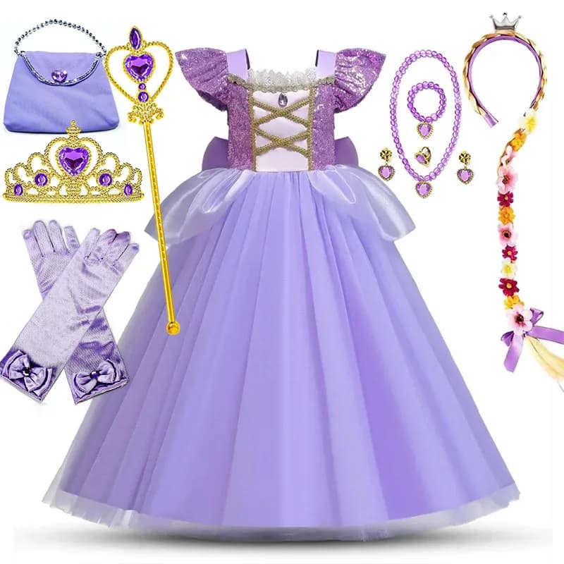 Abito da principessa per ragazza in stile europeo e americano Abito da ballo per abbigliamento Rapunzel con fiocco sul retro Gioco di ruolo aggrovigliato di Halloween per bambini