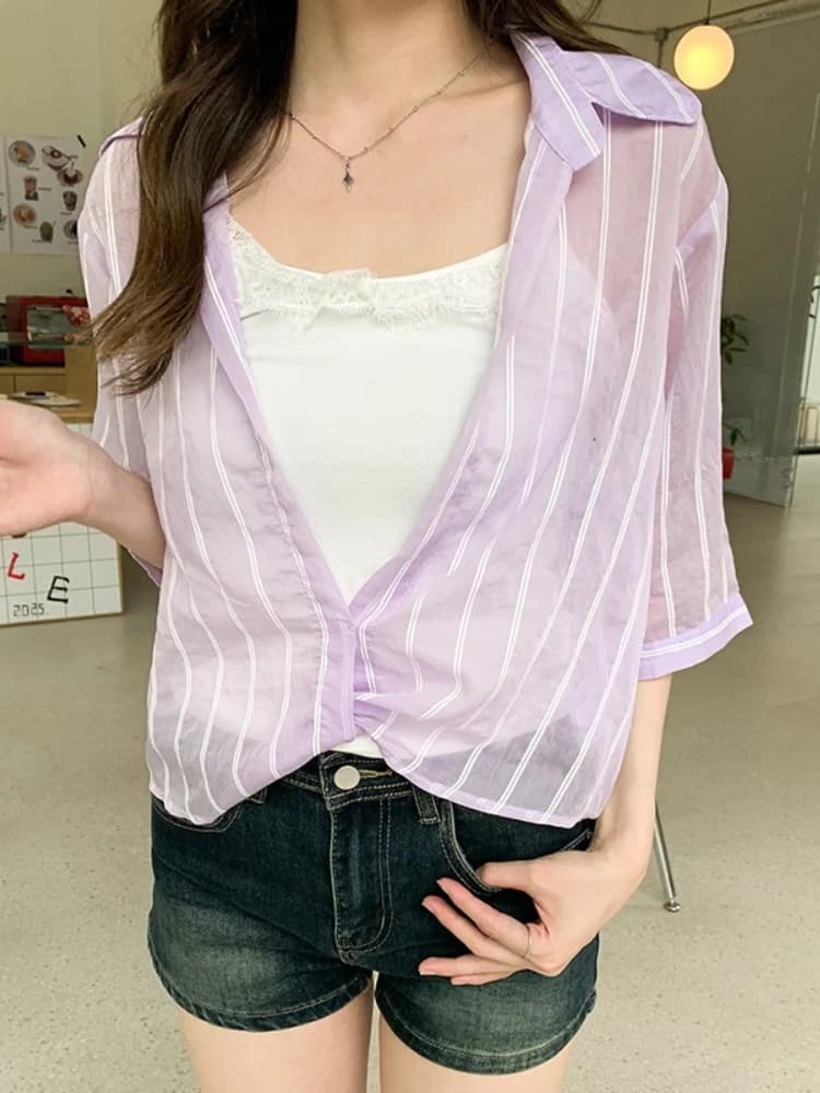 2026 Summer New Striped Sun Protection Women Shirt Casual Versatile Thin Loose Purple Top Sexy Sheer Half-sleeve Blouse