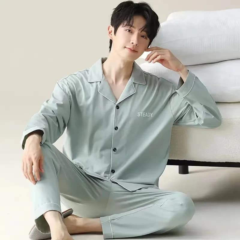 Pigiama da uomo in cotone, set di abbigliamento da casa sottile a maniche lunghe per primavera e autunno, per giovani.