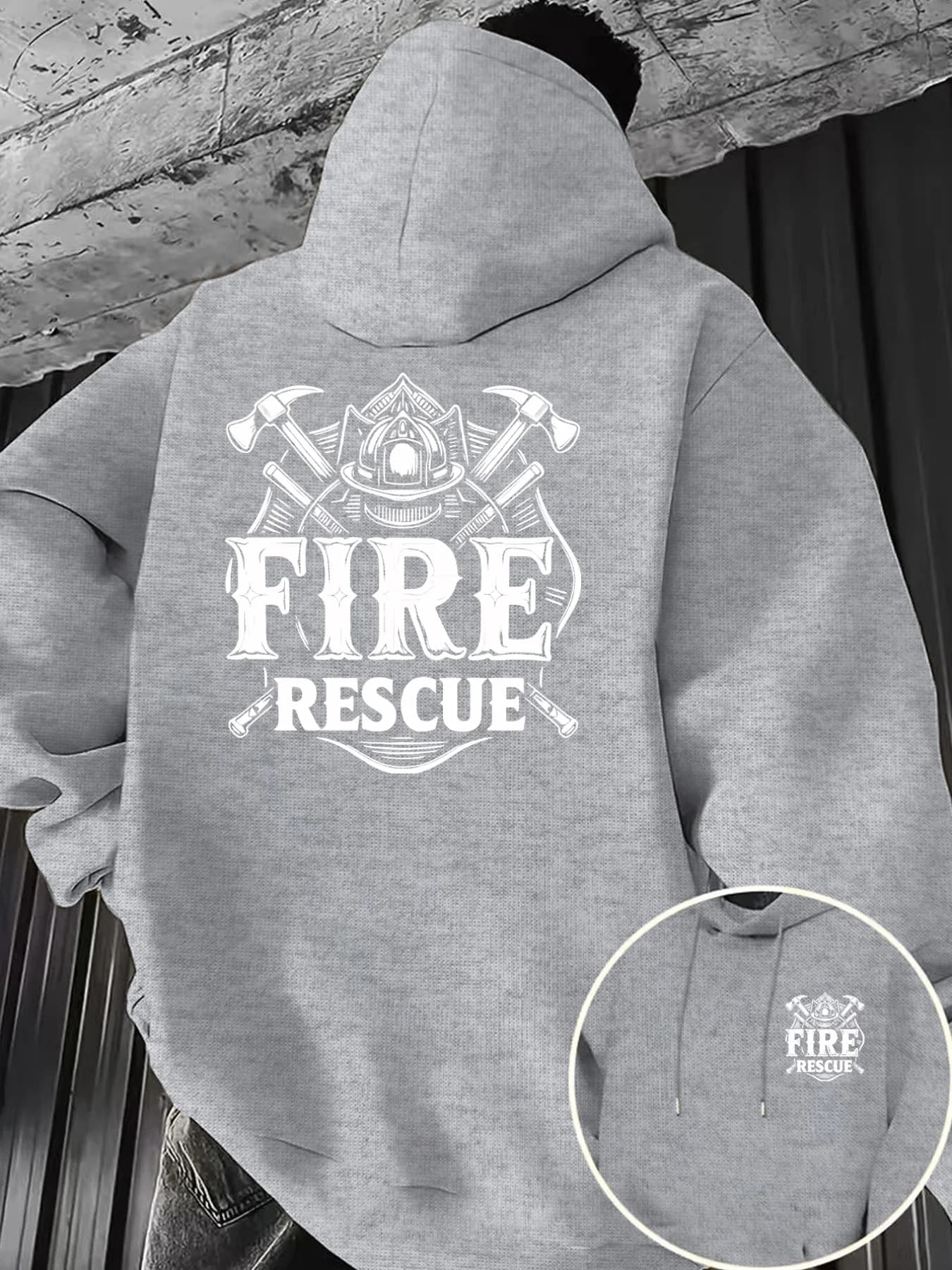 Men's hoodie with fire and rescue themed print, casual and loose-fitting sportswear for autumn and winter, hip-hop Y2K style.