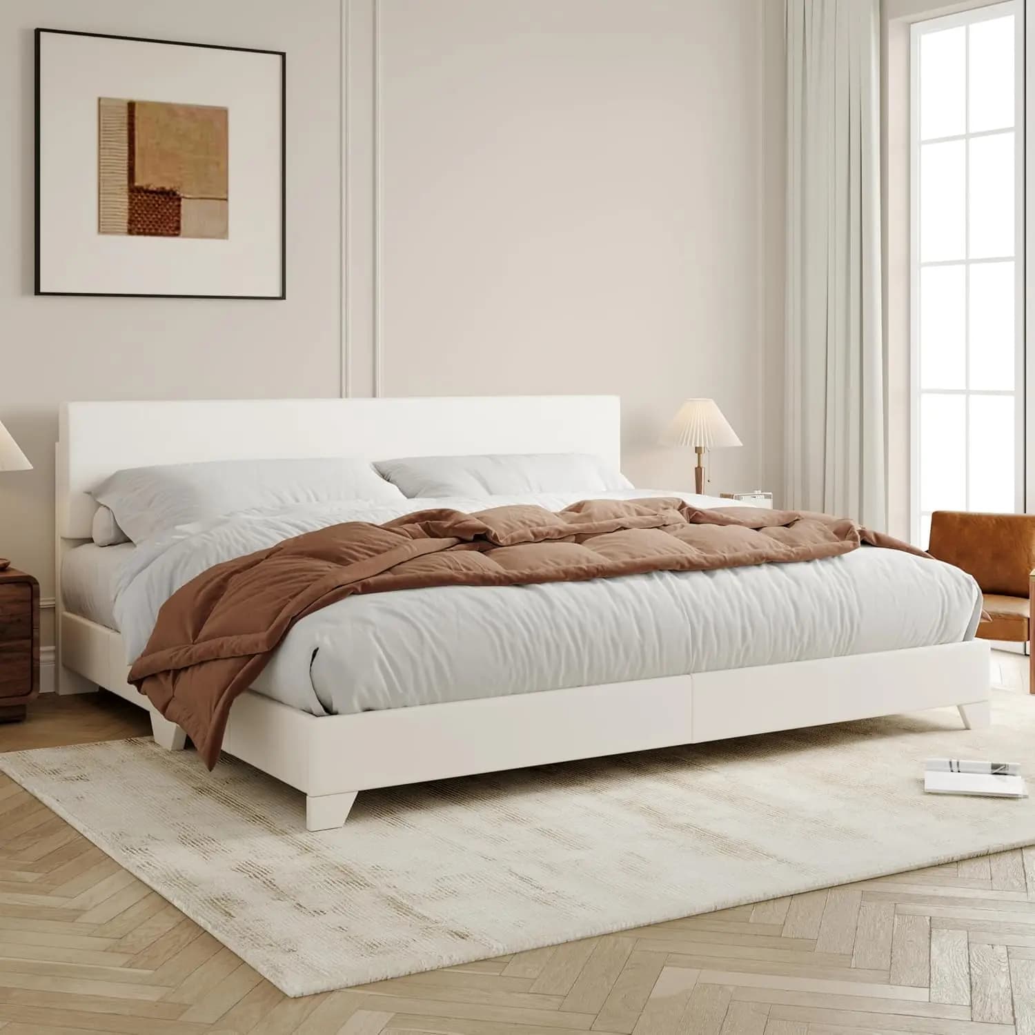 Struttura letto king size con testiera regolabile, letto con piattaforma in ecopelle con doghe in legno, base per materasso resistente