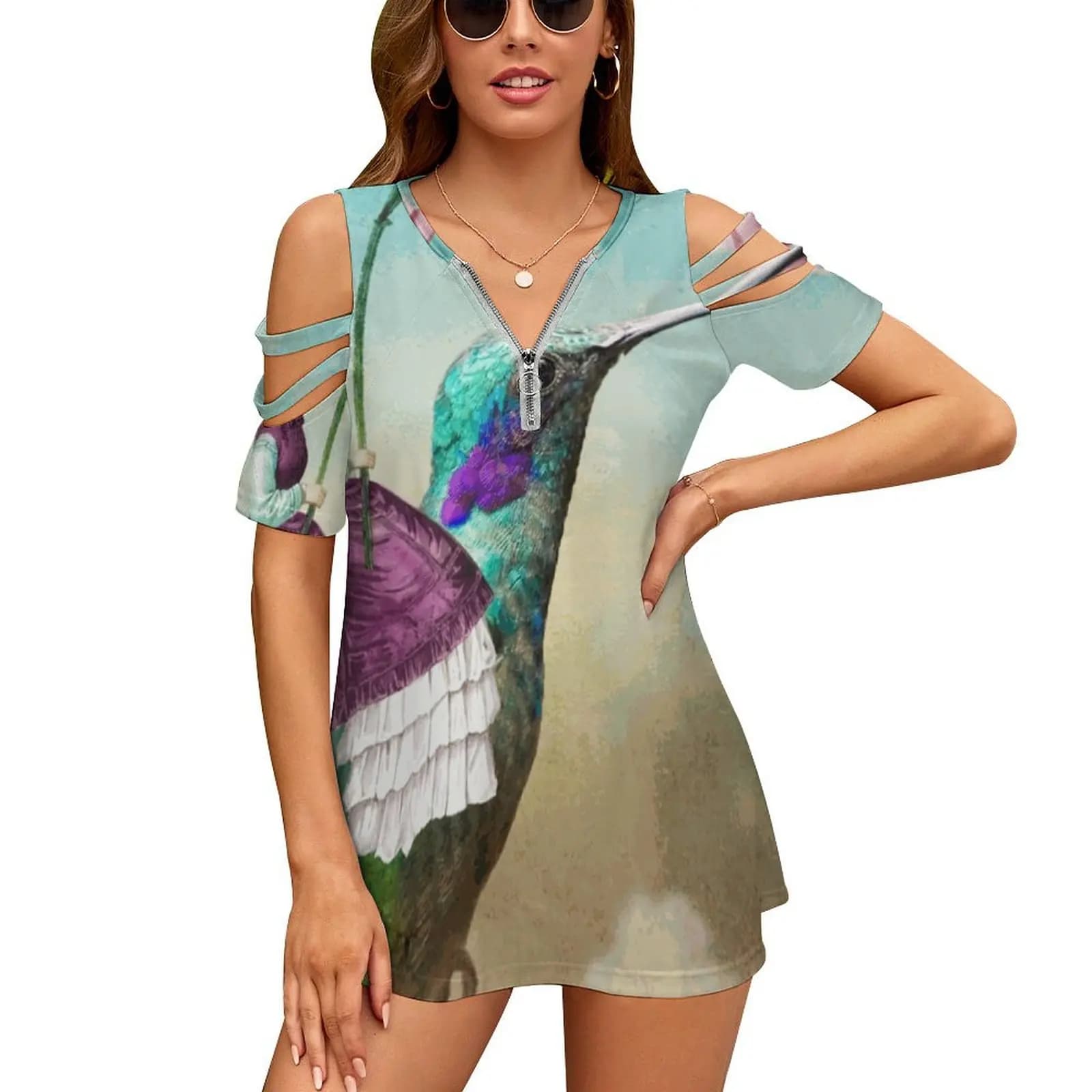 Tarocchi T-shirt da donna Summer Fashion Stampa floreale con scollo a V Maglietta con cerniera Hollow Pullover Ladies Top The Hummingbird 6 Of