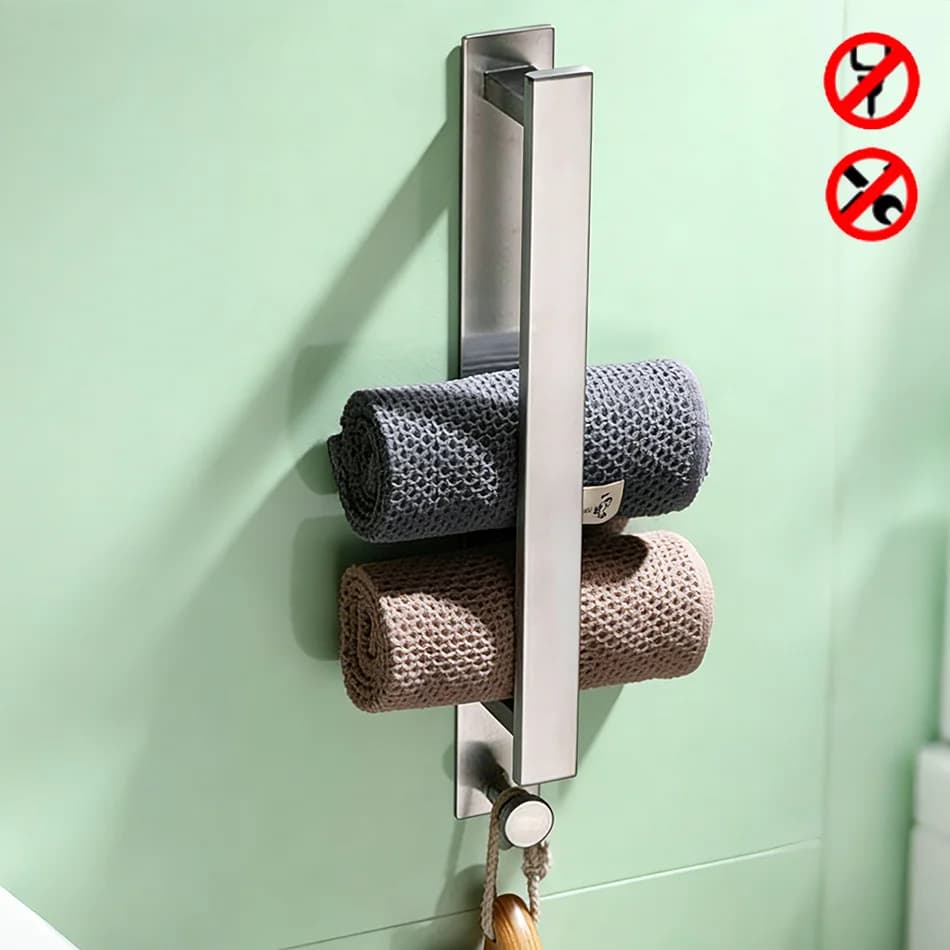 Black Brushed Bathroom Towel Bar with Hook Adhesive Wall Mounted Stainless Steel Lavatory Stand Towel Rack Shelf Storage Holder