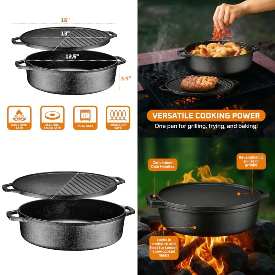 Padella in Ghisa da 6,8 Litri con Coperchio Reversibile per Griglia - Pentola Rotonda 3-in-1 in Ghisa per Friggere, Grigliare, Cucinare come un Dutch Oven