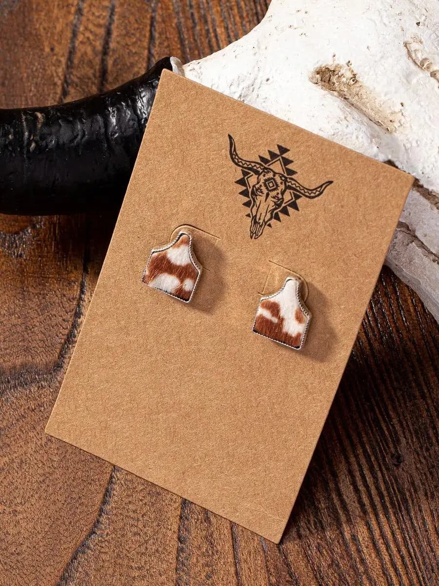 Western Cowhide Stud Earrings With Longhorn Motif For Women