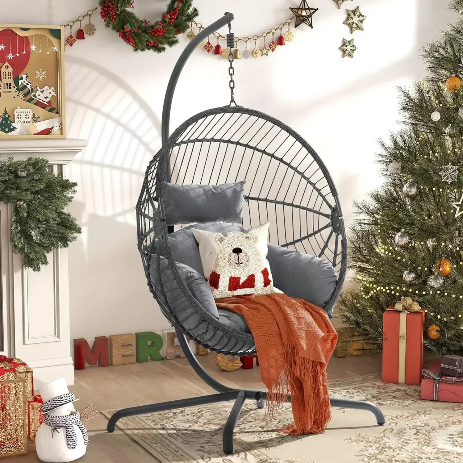 Egg-shaped rocking chair for interior and exterior, bestseller, with support, suspended rope-shaped braided chair with cushion, safety belt