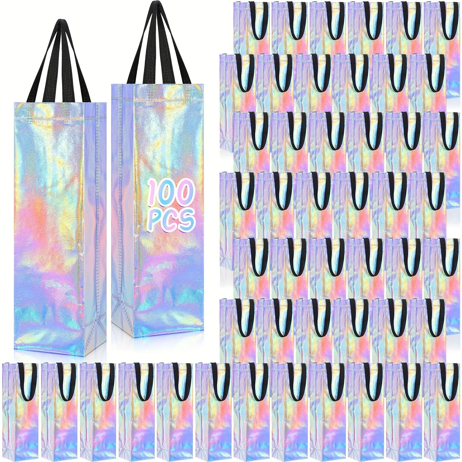 100 Sacchetti Regalo per Vino con Manico, Riutilizzabili, Piccoli 13.8x3.5x3.9 Pollici, Borse per Bottiglie di Liquore, Confezione all'Ingrosso per Compleanni e Matrimoni (Iridescenti)