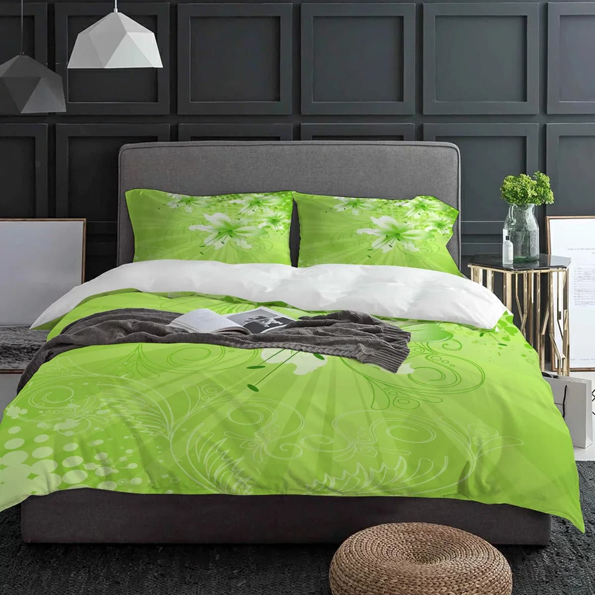 Piante verde Fiori Giglio Copripiumino con federa Piumino personalizzato 3 pezzi Set biancheria da letto Copripiumino Letto matrimoniale Tessili per la casa