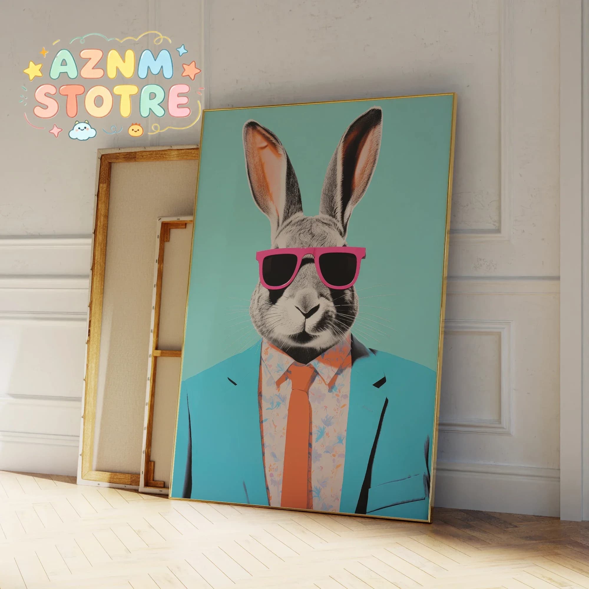 Modern Abstraction Rabbit With Sunglasses Portrait Wall Art Aluminum Frame Prints Canvas Painting Poster Living Room Home Dec