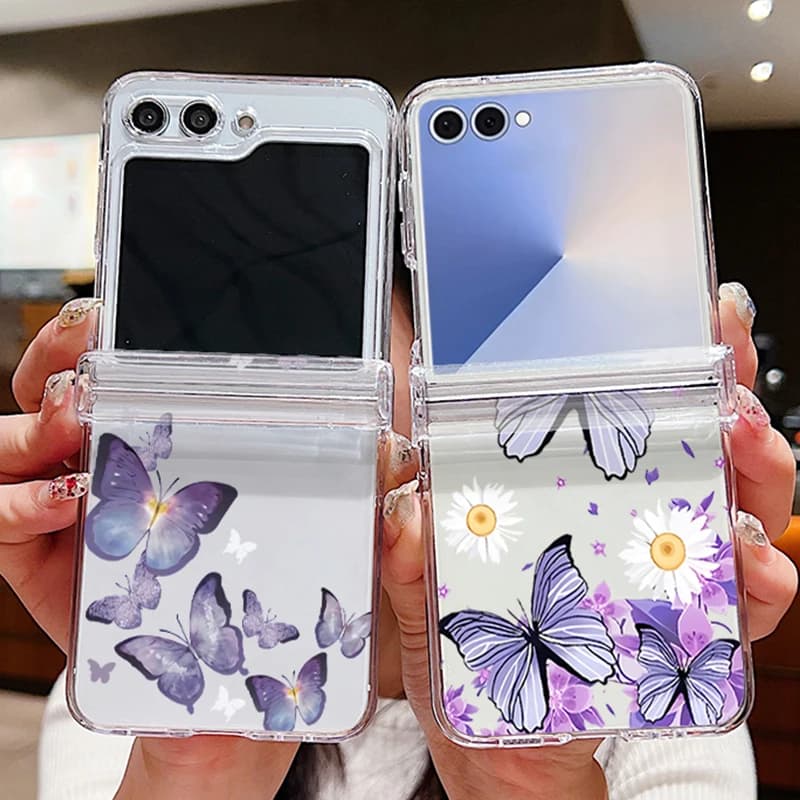 Cover per Telefono con Stampa Farfalla Viola per Samsung Galaxy Z Flip 7 FE 6 5 4 3 5G, Custodia Rigida Trasparente Pieghevole per Samsung Z Flip6 Flip7