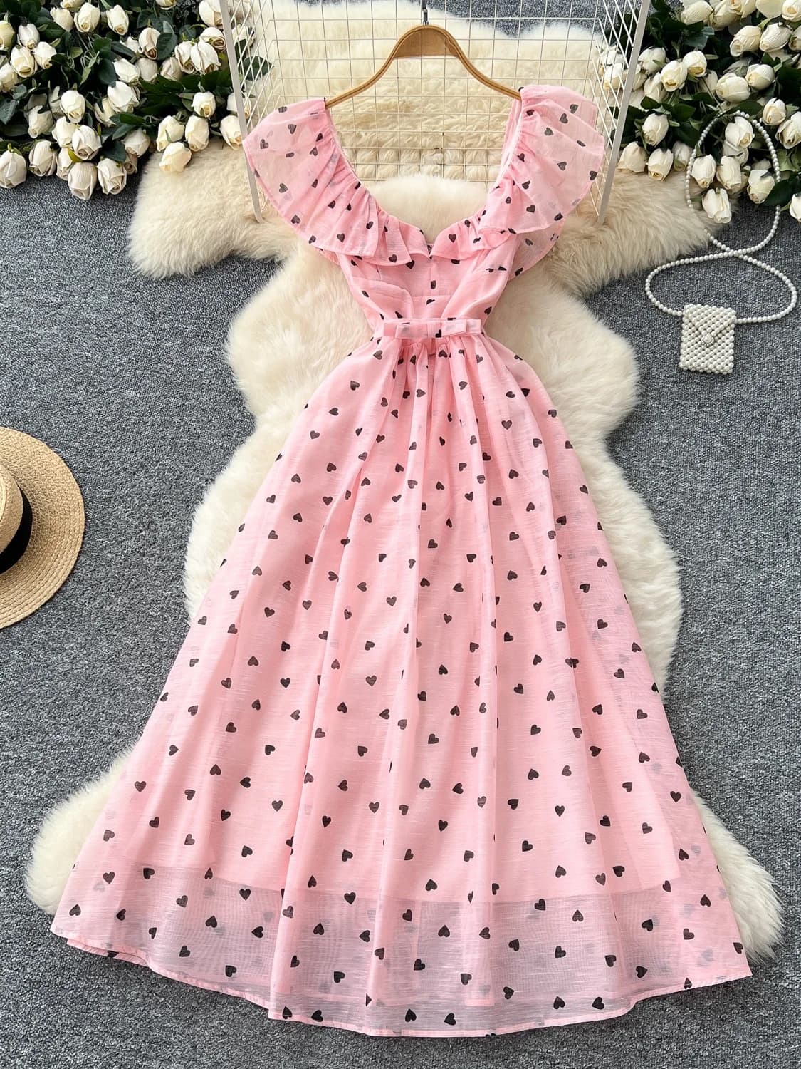 Elegante Abito Stampato a Vita Alta da Donna, Gonna Slim Fit a Trapezio Stile Coreano, Senza Maniche, in Fibra di Poliestere, per l'Estate