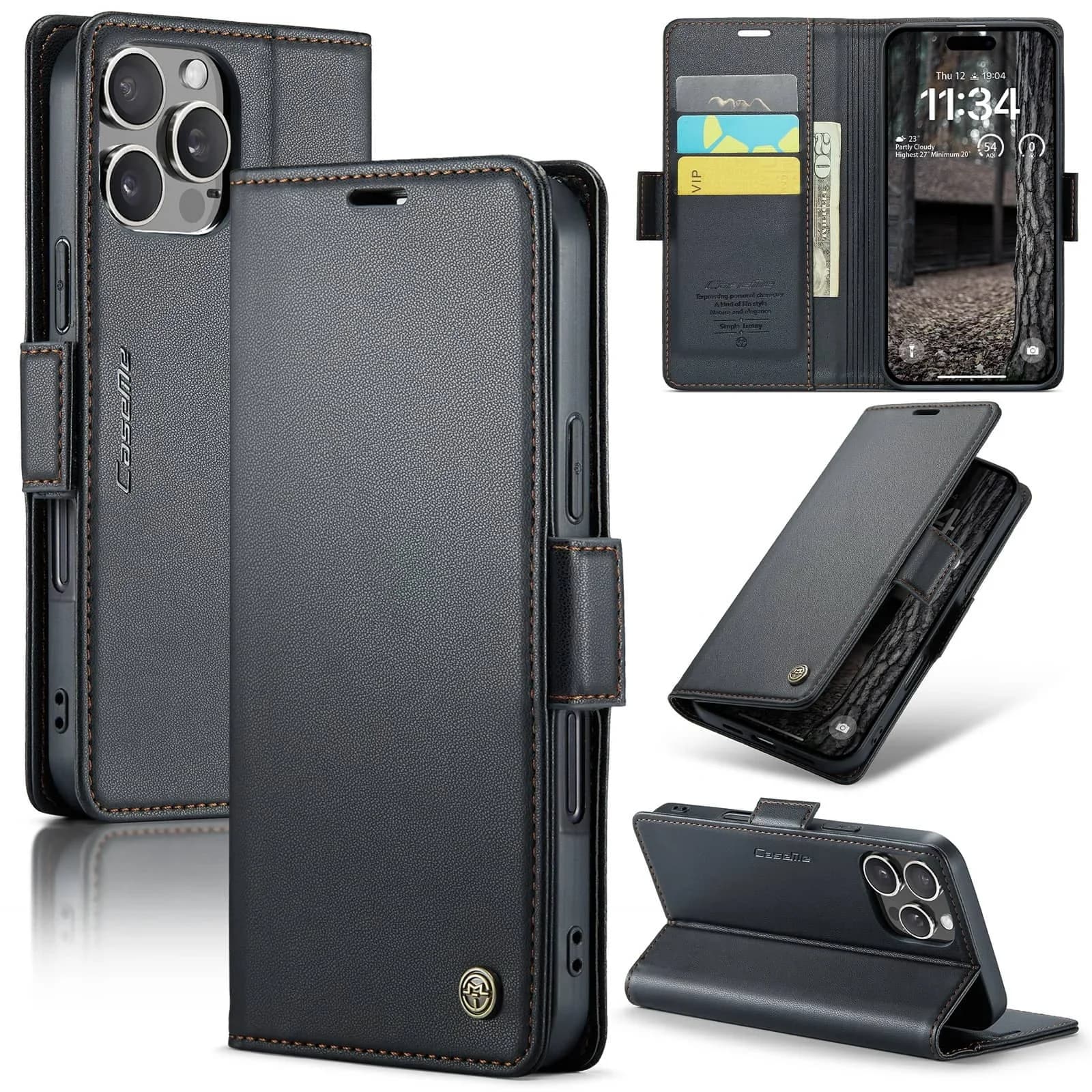 Per iPhone 16 Pro Max 16 Plus Custodia con porta carte, custodia a portafoglio con blocco RFID, chiusura magnetica con cavalletto in pelle resistente