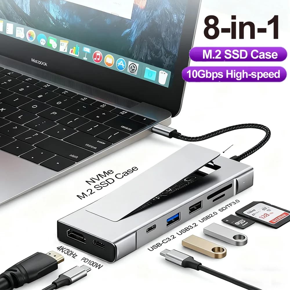 Custodia SSD M.2 Splitter hub USB C 8 in 1 Docking station per estensione PD100W Custodia esterna M2 NVMe SATA da 10 Gbps 4K HDMI compatibile