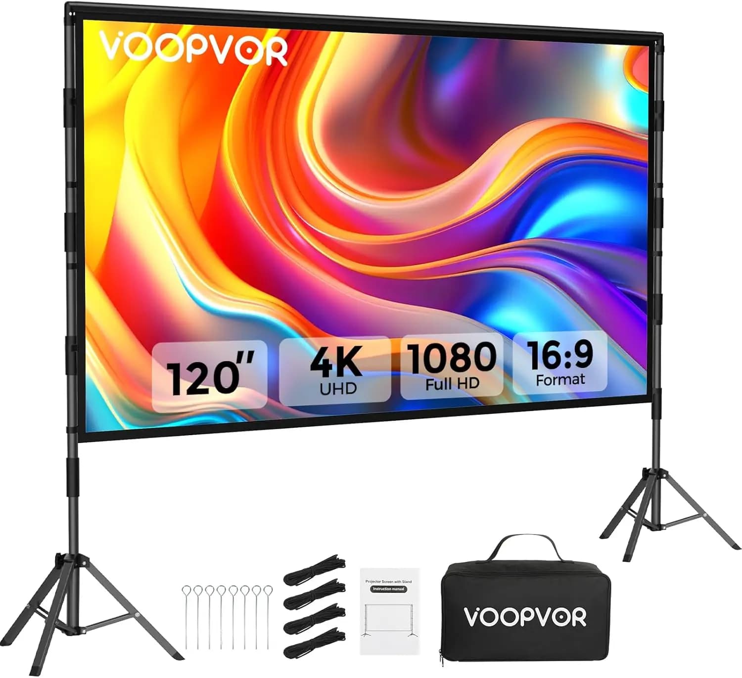 Schermo per proiettore da esterno da 120 pollici con supporto per film in giardino, schermo di proiezione portatile 4K HD con borsa per il trasporto