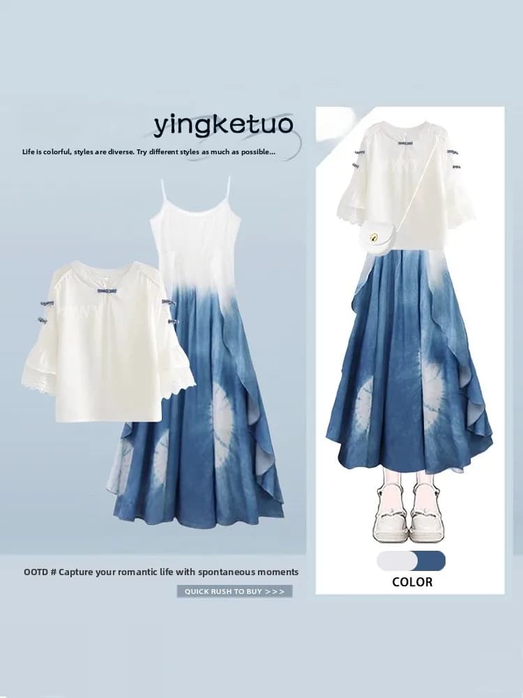 Completo estivo da donna: Blusa in pizzo sfumato blu e vestito con cintura in vita, set due pezzi alla moda per un outfit casual