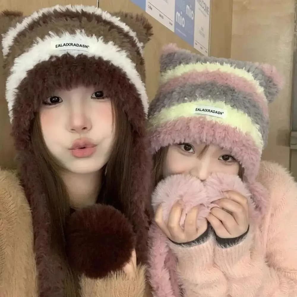 Cute Cat Ear Women Knitted Hat Thick Warm Windproof Winter Beanies Cap Contrast Stripe Ear Protection Pullover Hat